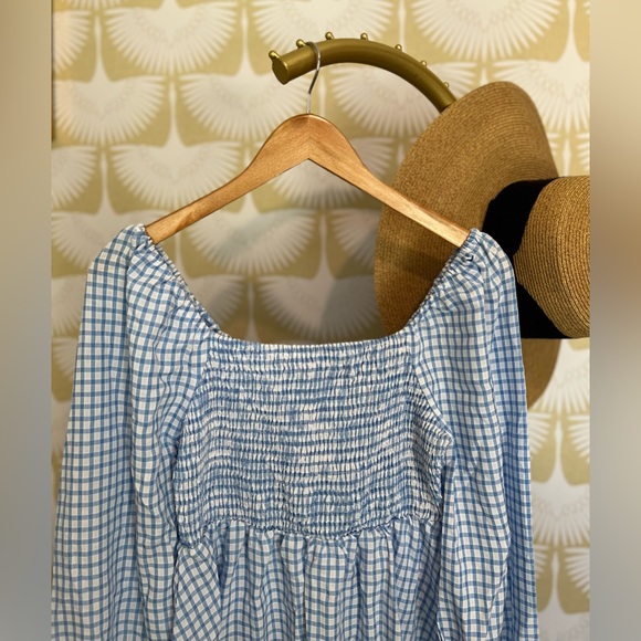 Blue/White Plaid Long Ruffle Sleeve Mini Dress - Picture 4 of 11